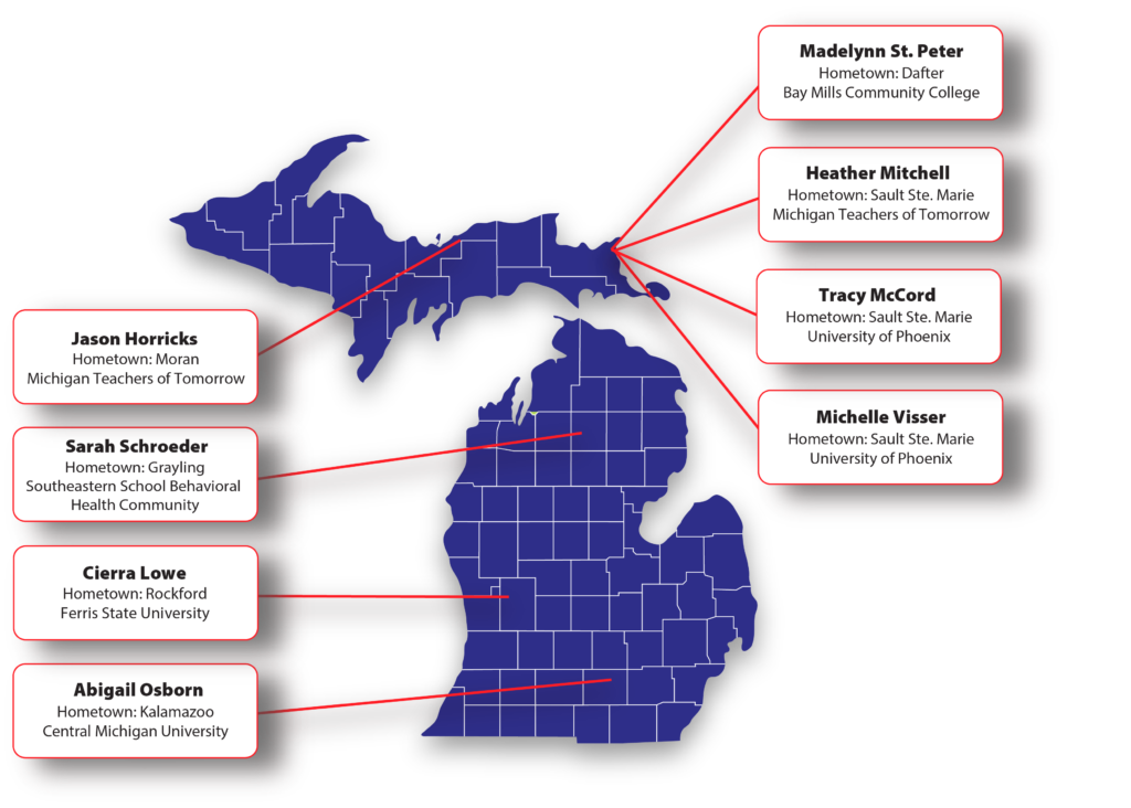 A map of Michigan indicating where recipients of the 2023 MARSP Foundation Scholarships are from