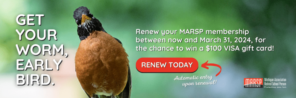 Image of bird with green background and the heading "Get your worm, early bird!" MARSP members who renew before March 31, 2024 have the chance to win a $100 VISA gift card